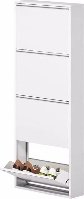 Scarpiera moderna in metallo bianco lucido con 4 ante ribaltabili e 8 posti, da appendere a parete per ingresso e corridoio, L: 55 cm, P: 15 cm, H: 139.5 cm