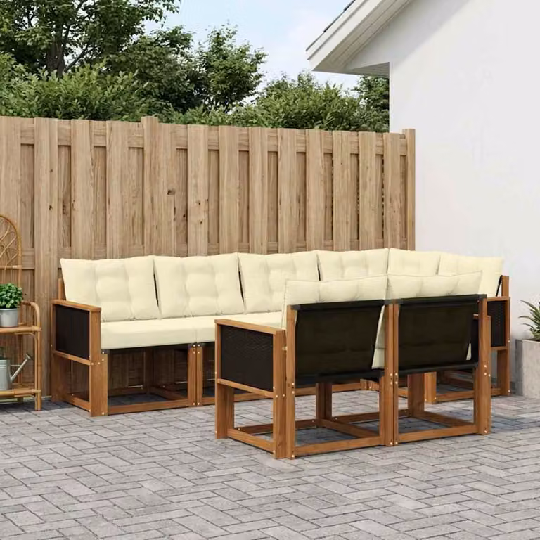 Set di divani da esterno vidaXL 7 pz in legno di acacia con cuscini beige e bianco