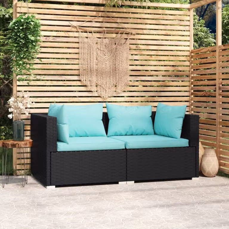 The Living Store Divano a 2 posti con cuscini in poly rattan nero
