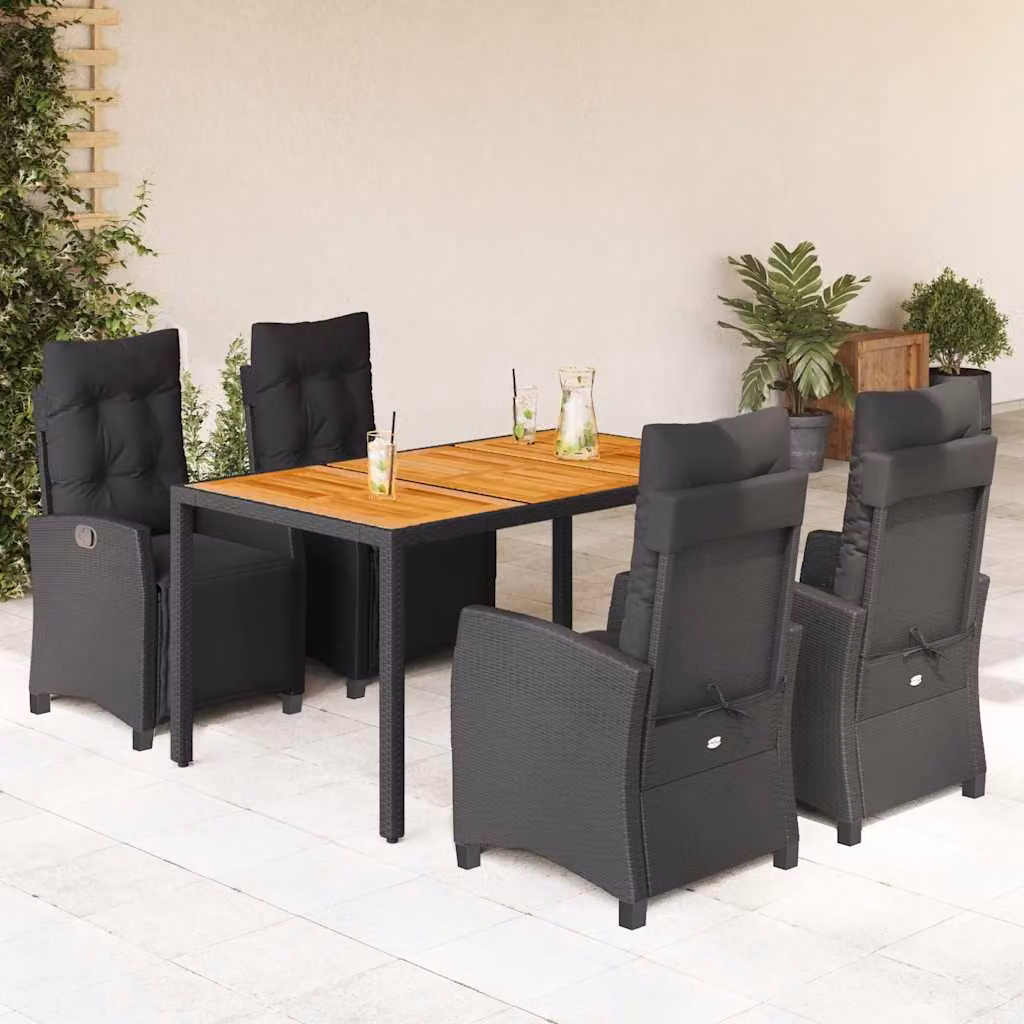 Set da Pranzo da Giardino vidaXL in Polyrattan Nero con Cuscini e Legno di Acacia – 1