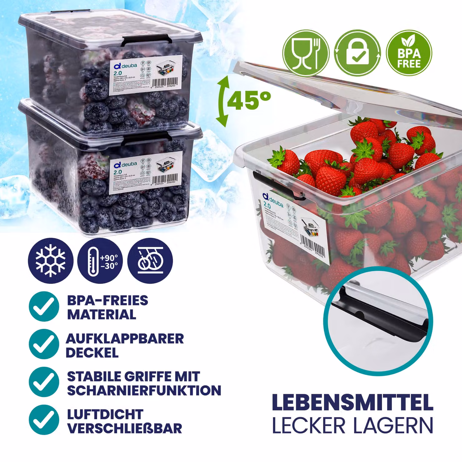Scatola di stoccaggio trasparente DEUBA in plastica con coperchio e maniglie, impilabile, lavabile in lavastoviglie e adatta al congelatore, L/P/H: 20 x 15 x 12 cm – 2