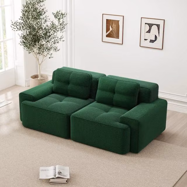 Divano modulare a seduta bassa in velluto a coste verde con seduta profonda 74 cm HOMVRA