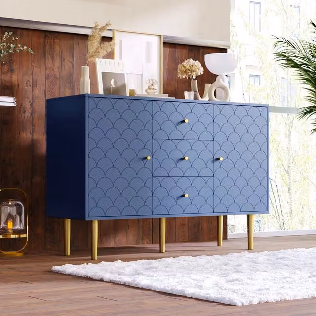 Cassettiera Sideboard con 2 Ante e 3 Cassetti ¨C MINIMAL ¨C Blu Navy, 120x40x83 cm