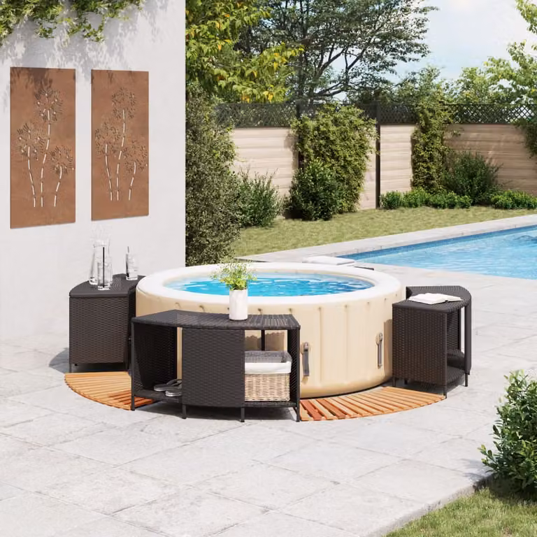Bordo per Spa Nero in Polyrattan e Legno Massello di Acacia