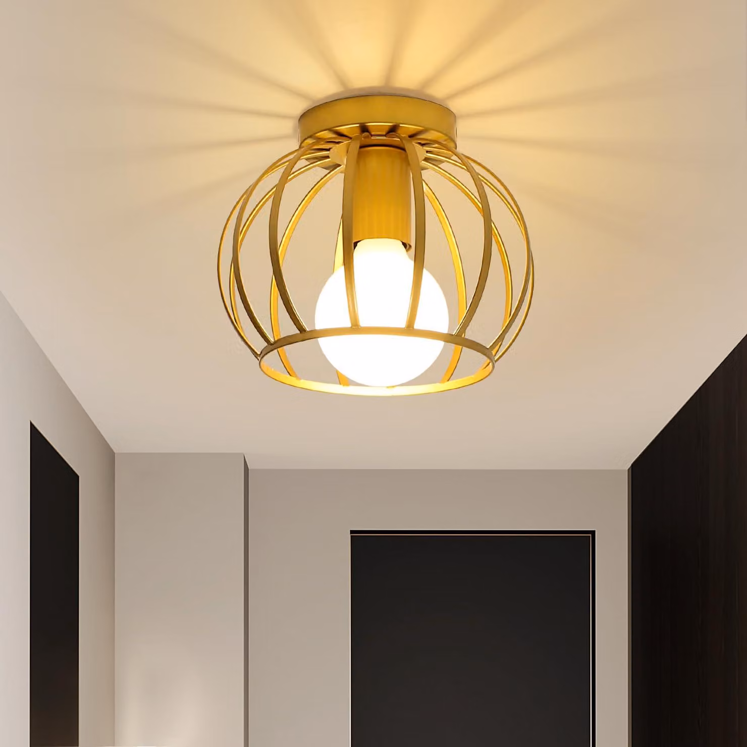 Comely: Lampada da soffitto vintage in stile industriale, con portalampada E27 e struttura a gabbia, color oro