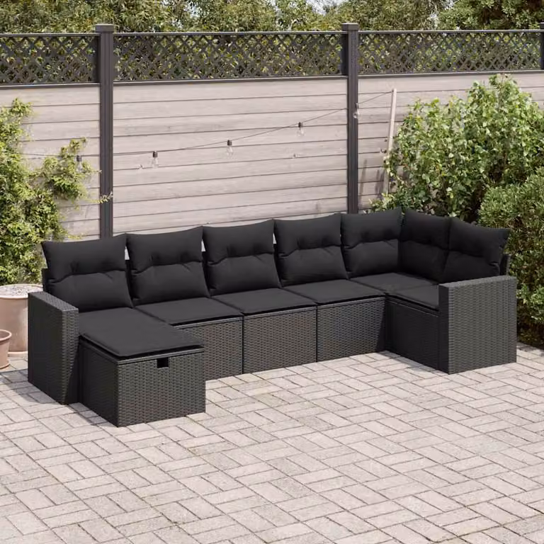 Set Divani da Giardino a L vidaXL con 7 Cuscini Neri in Polyrattan e Metallo