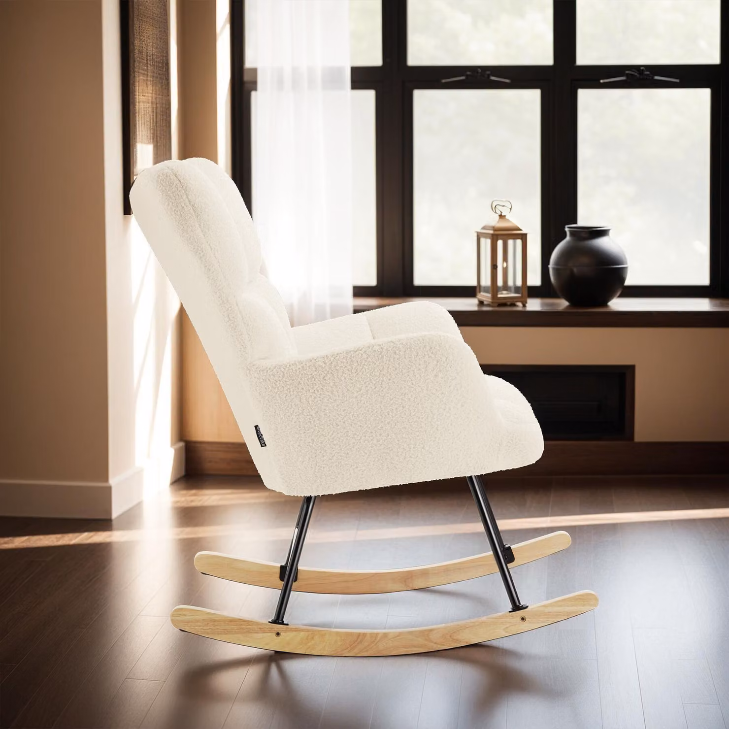 Sedia a dondolo Torve TecTake GmbH in stile scandinavo con imbottitura in bouclé beige e pattini in legno – 2