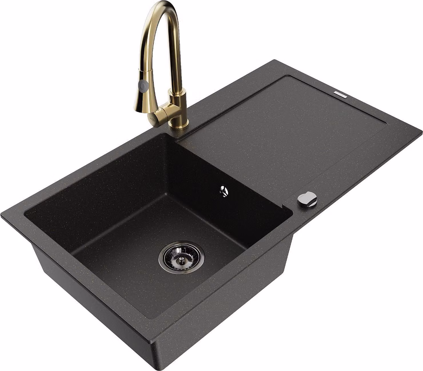 Mexen Leo lavello in granito 1-vasca con sgocciolatoio e rubinetto cucina Elia, nero/oro metallizzato - 6501-75-670101-50-B