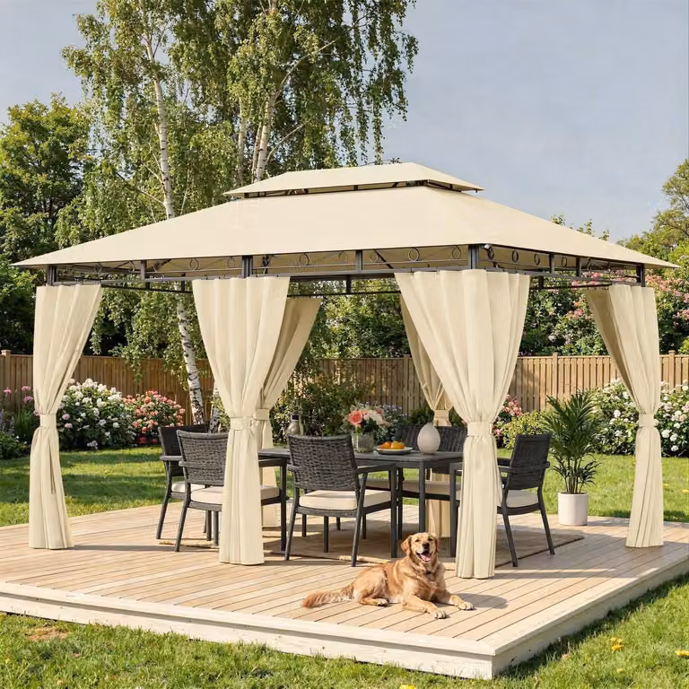 Gazebo da giardino 3x4 metri, impermeabile, stabile, con tetto a doppia falda e pareti laterali, protezione UV 50+, colore beige