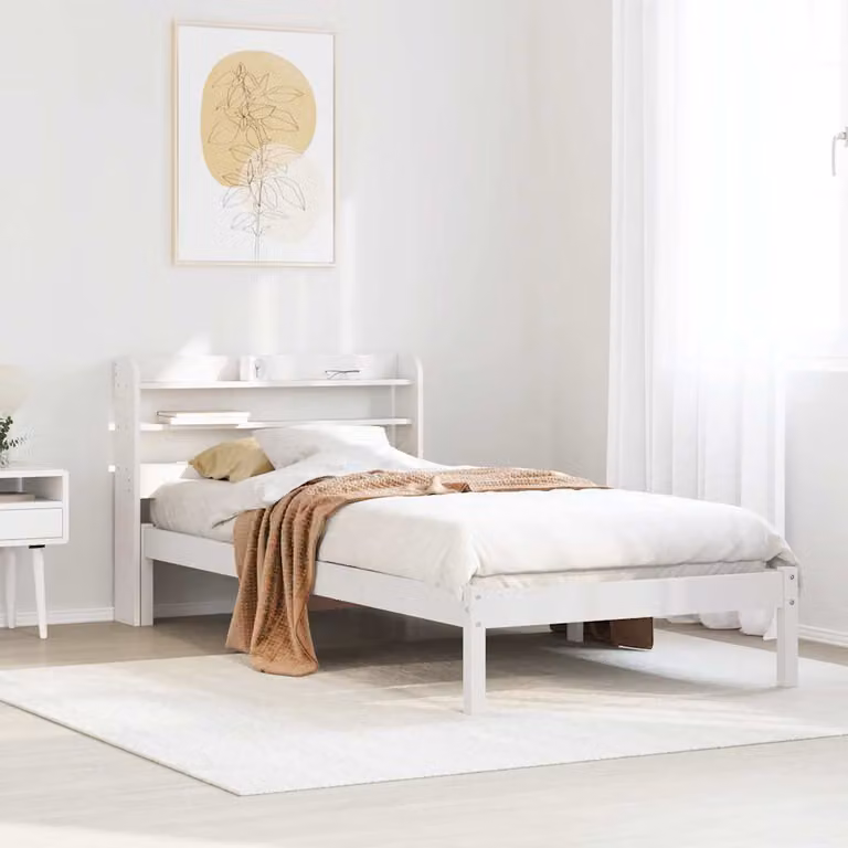 Letto singolo vidaXL in legno di pino massello bianco con doghe piatte e ripiani laterali