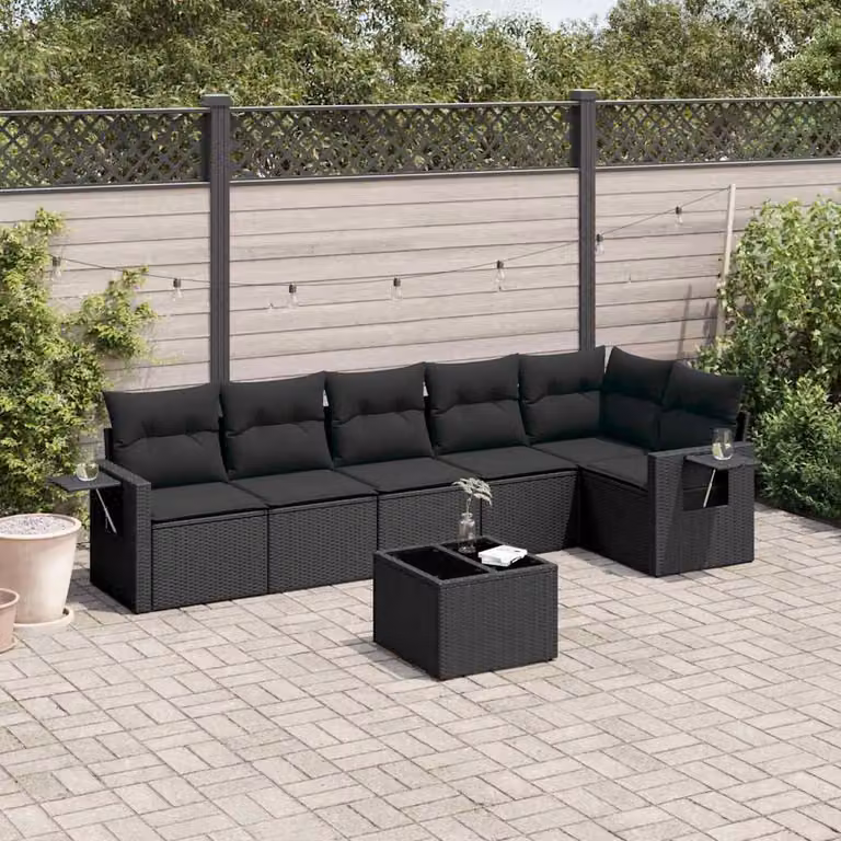 Set Divani da Giardino vidaXL in Polyrattan Nero con 7 Cuscini e Tavolino da Esterno