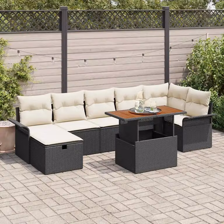 Set Divano da Giardino Moderno vidaXL 8 Pezzi Nero con Cuscini e Tavolino in Polyrattan e Acciaio