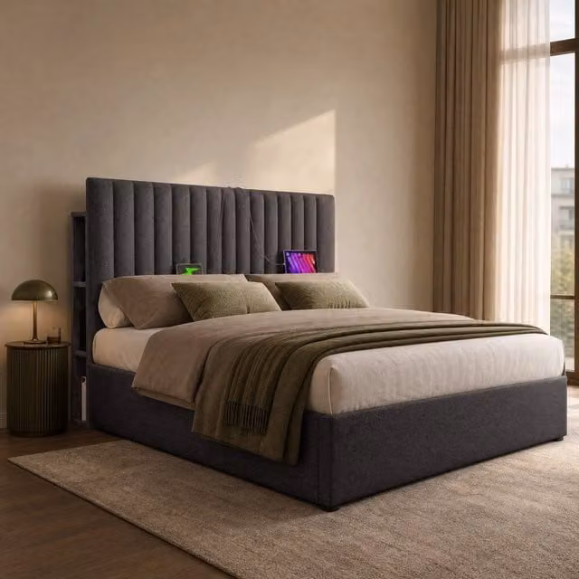 Letto matrimoniale 160x200 grigio con contenitore, LED app e ricarica USB-C