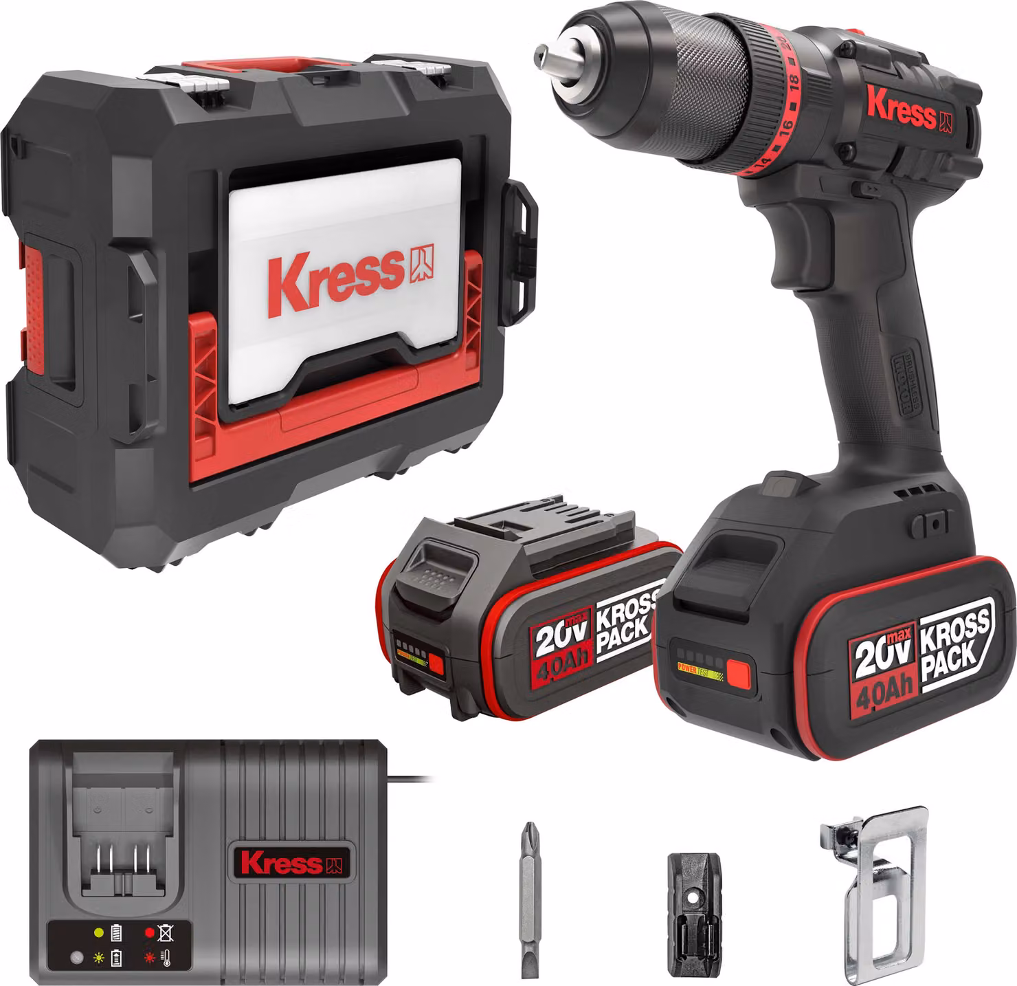 Trapano a percussione a batteria Kress 20V, 60Nm, 2*4,0Ah, caricabatterie 6A, scatola di montaggio