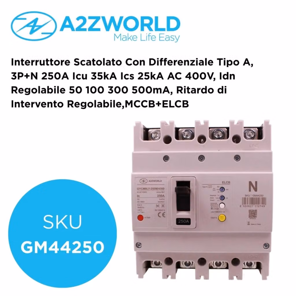 Interruttore Scatolato con Differenziale Tipo A A2ZWORLD 3P+N 250A 400V con Idn Regolabile 50-500mA e Ritardo di Intervento 0.1-2S – 2