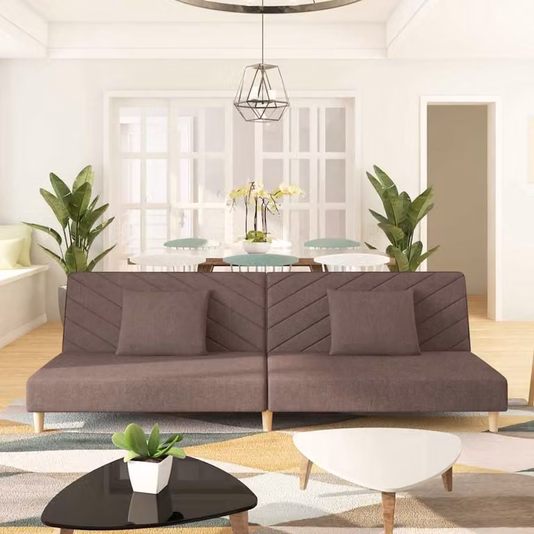 Divano letto 2 posti con 2 cuscini, rivestito in tessuto color taupe