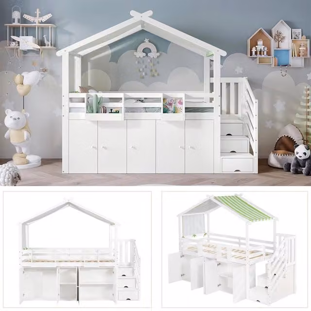 Letto a castello per bambini 90x200 cm con protezione anticaduta; scala contenitore; armadio e vani portaoggetti; bianco e verde