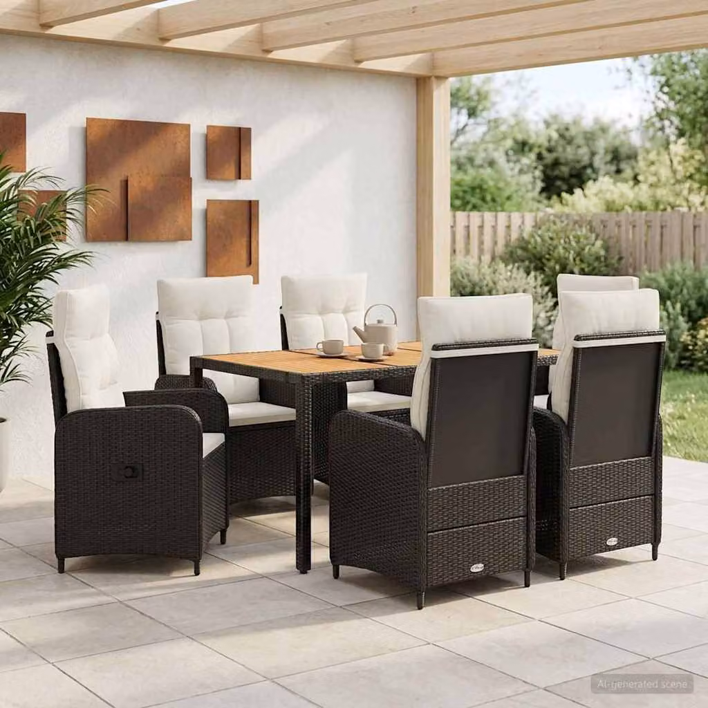 Set da pranzo per esterni vidaXL in 7 pezzi in polyrattan e legno di acacia, colore nero e bianco crema