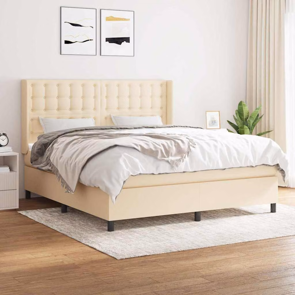 vidaXL Giroletto a Molle con Materasso in Tessuto Beige e Bianco L/P: 160 x 200 cm