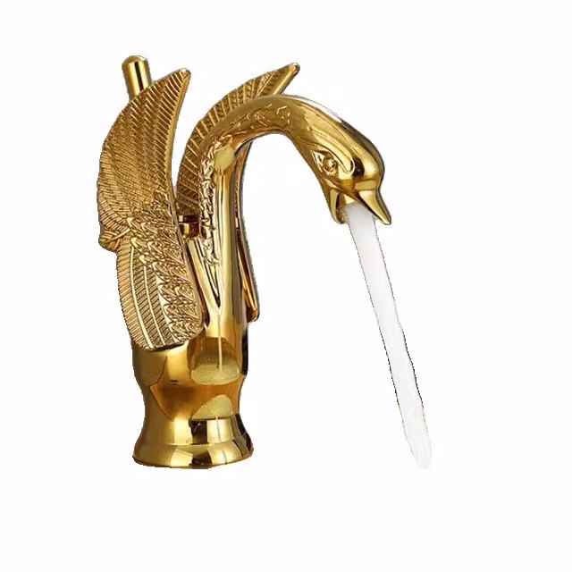 Miscelatore per lavabo, design cigno vintage in rame, miscelatore caldo e freddo, oro corto