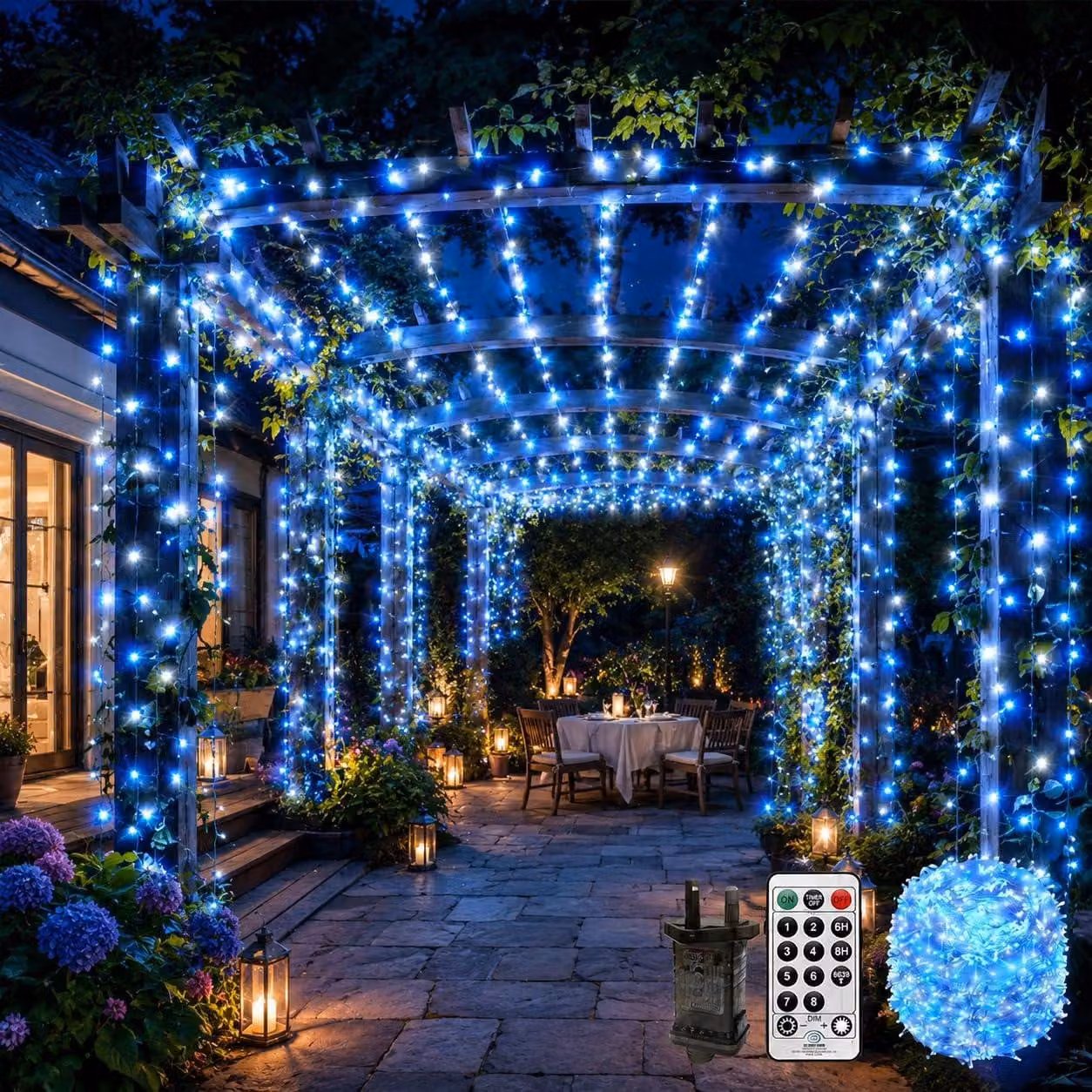 Catena luminosa da 100 metri con 600 LED, grado di protezione IP44, timer, telecomando, 8 modalità, colore blu e bianco