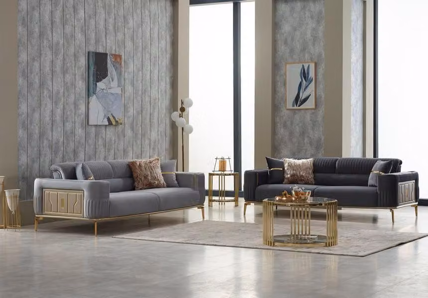 Sofagarnitur Dreisitzer Couch Stoff 2tlg Polstersofa Grau Sofa Set