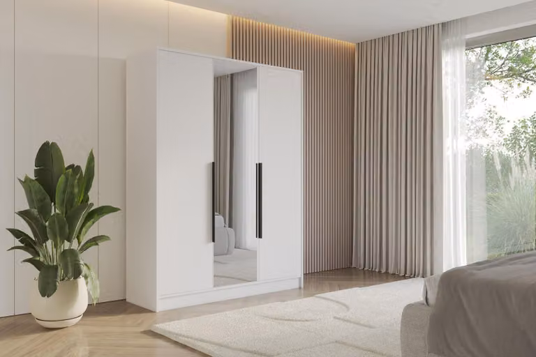 ALTDECOR Armadio con specchio LESE - 150x200x51 Bianco Armadio multiuso con moderni frontali lisci
