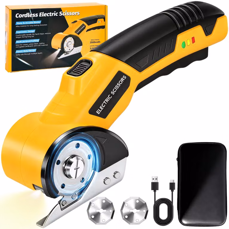 Forbici elettriche a batteria, 3,6 V, con 2 lame, dotate di LED, per cartone e tessuto