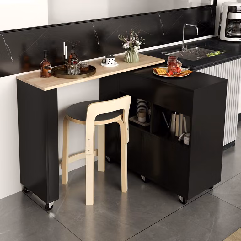 Carrello da cucina Costway 2 in 1 con piano in legno di gomma, ripiano regolabile e porta calici, Nero