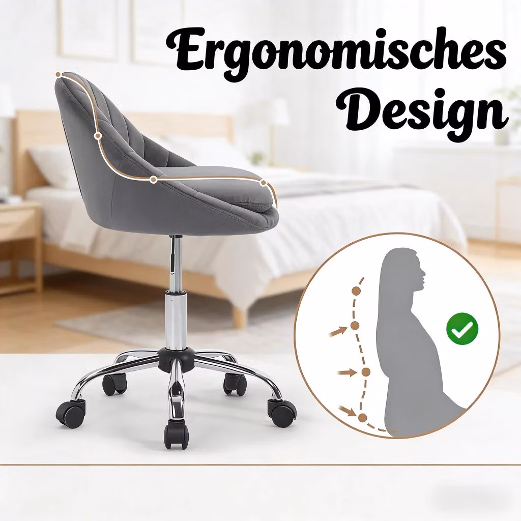 Sedia da ufficio ergonomica REDOM in velluto grigio scuro con base in metallo e rotelle, L/P/H: 52 x 52 x 72-82 cm – 2