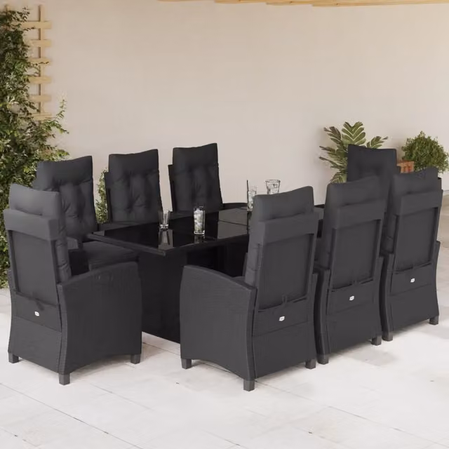 Set da pranzo da giardino vidaXL in polyrattan nero con piano in vetro, 9 pezzi