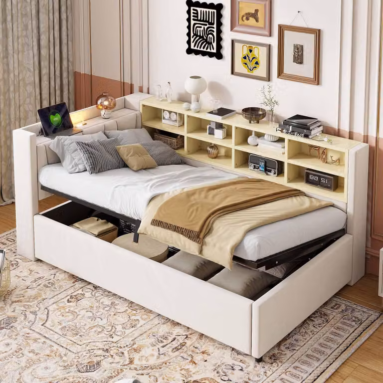 Letto imbottito 90x200 cm con spazio contenitore a sollevamento idraulico, luce notturna, porte USB e di tipo C, ripiani, 12 listelli, rivestimento in velluto, color beige