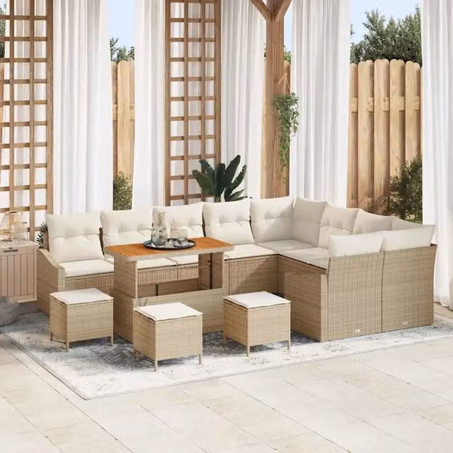 Set da giardino vidaXL composto da 13 pezzi in rattan beige con struttura in acciaio e tavolo da caffè in legno di acacia