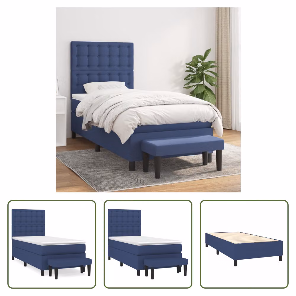 The Living Store Letto a molle con materasso blu 90x200 cm in tessuto