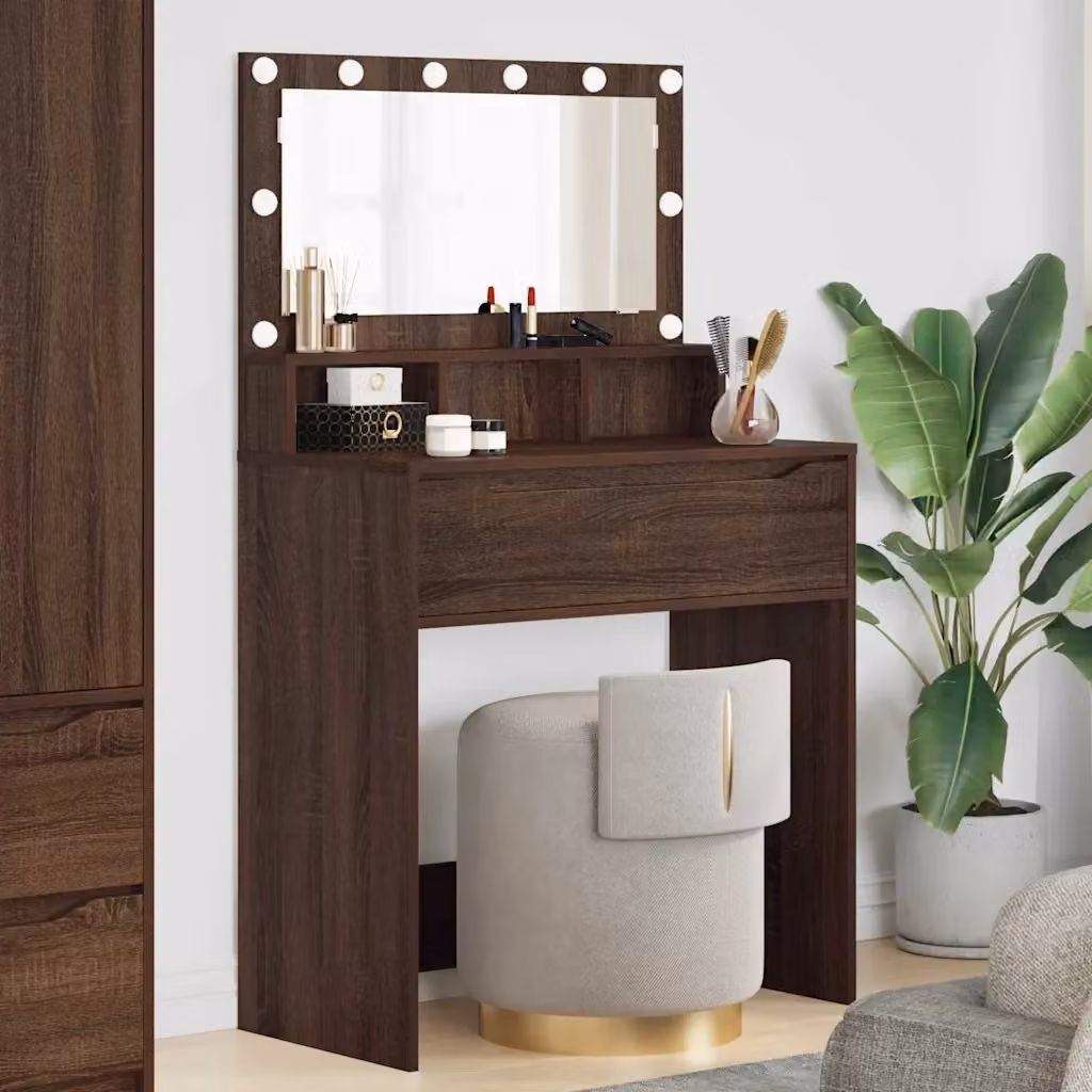 Toeletta Hollywood LED con specchio moderno in legno color rovere marrone matt – 2