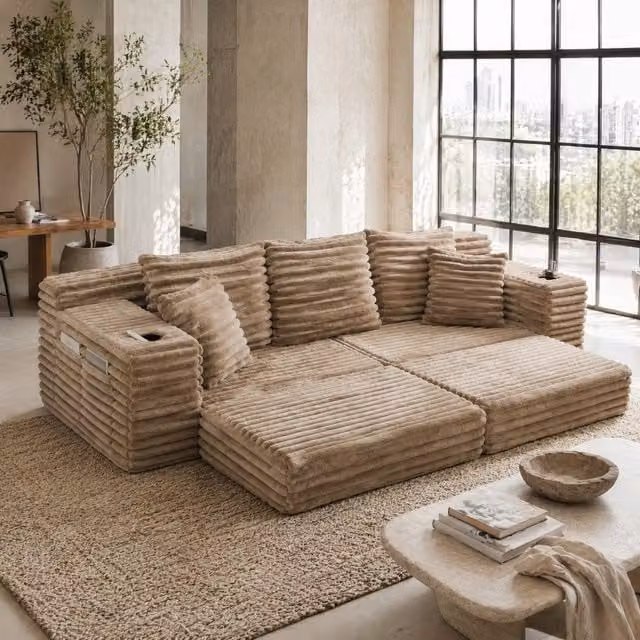 Divano componibile trasformabile in divano letto con tasche laterali e portabicchieri; 273 cm; corduroy khaki