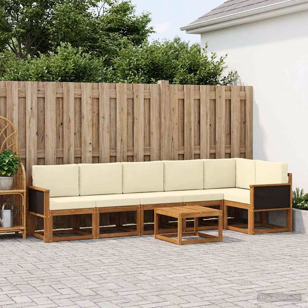 Set di divani da esterno vidaXL 7 pezzi in legno di acacia con cuscini, colore beige, bianco e marrone