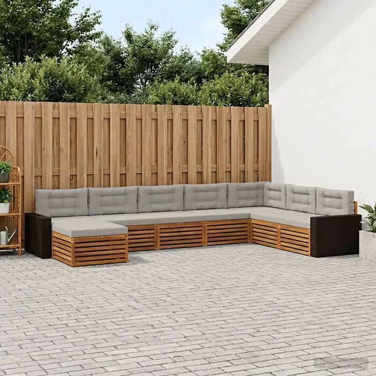 vidaXL Set di divani da esterno a L in legno di acacia con 8 pezzi, beige e grigio chiaro