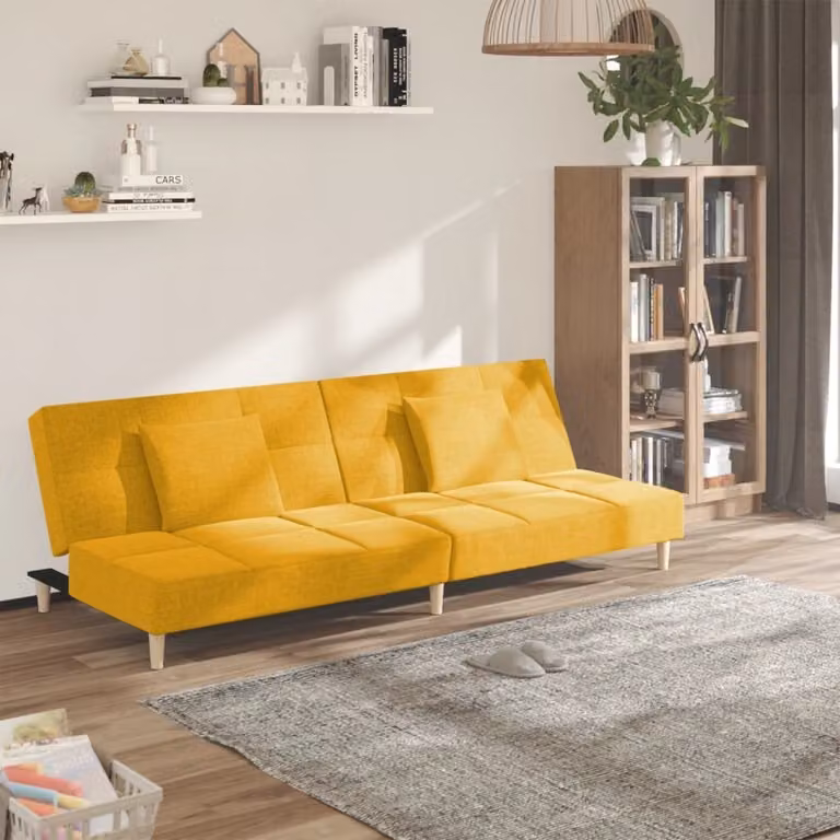 Divano letto 2 posti con 2 cuscini, colore giallo, rivestito in tessuto