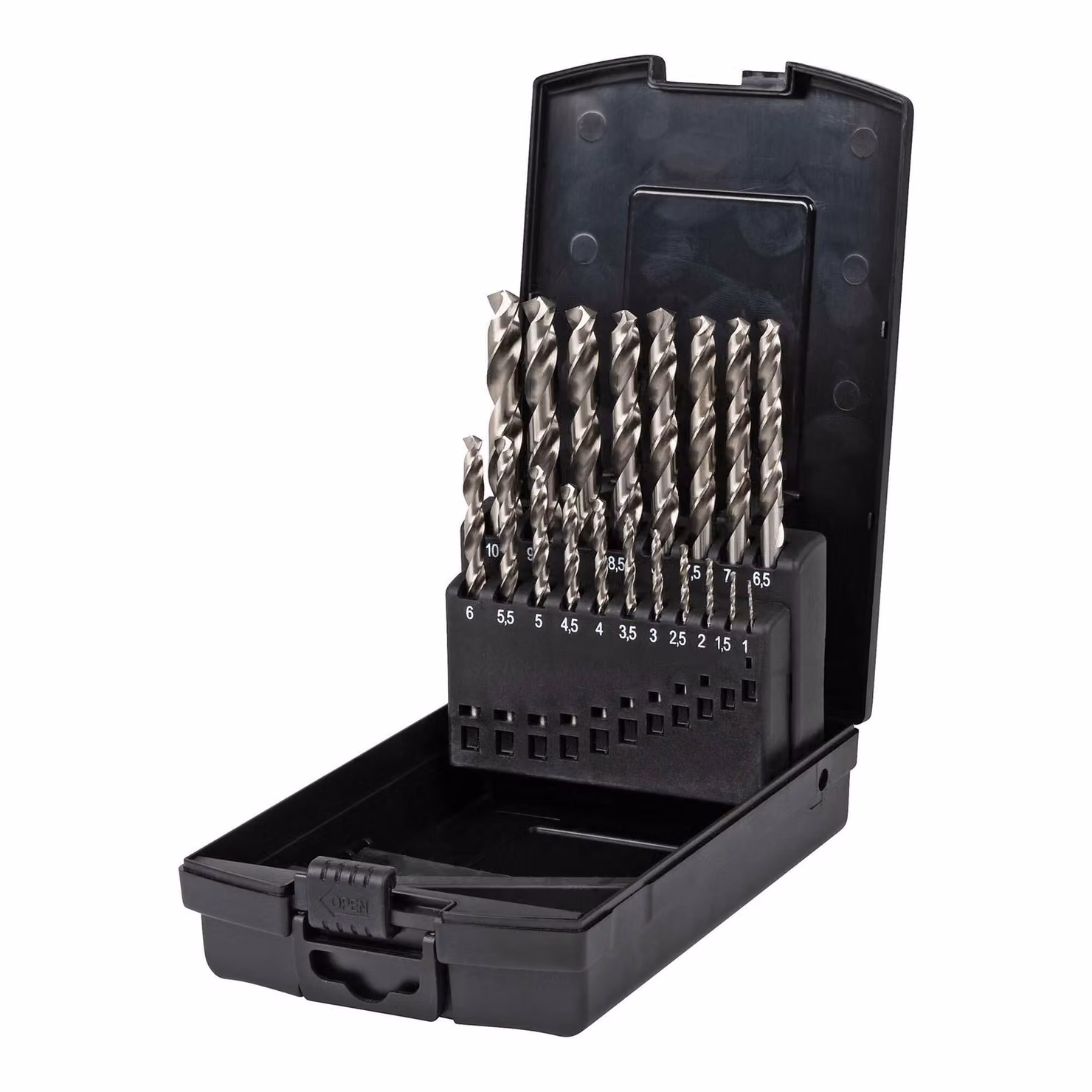 Set di punte elicoidali STIER HSS-Co5 / HSS-E, 19 pezzi, set di punte in metallo di prima qualità, set di punte in acciaio, rettificate, gambo cilindrico, contenuto di cobalto del 5%, DIN 338, tipo N