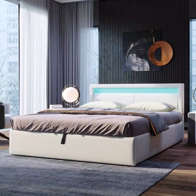 Letto Imbottito con Contenitore e LED ¨C MINIMAL ¨C Bianco, Similpelle, 140x200