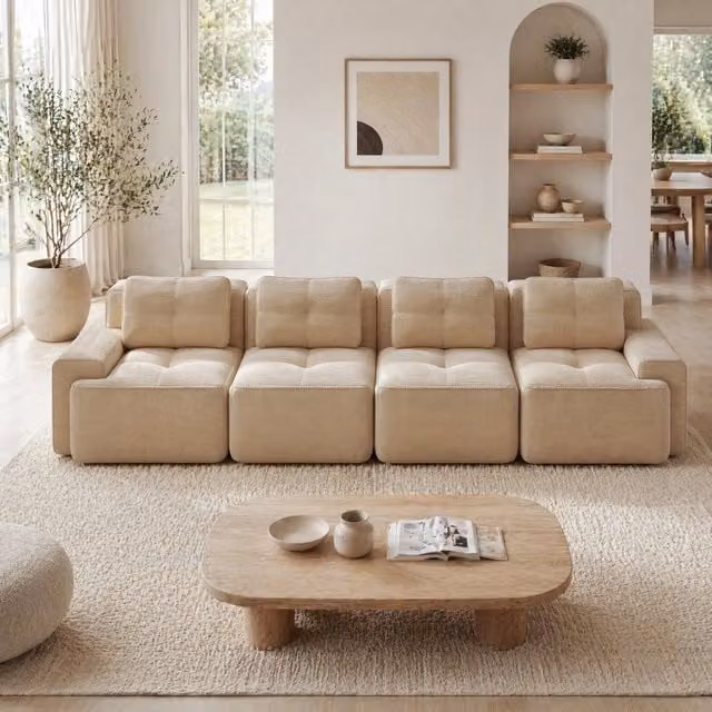Divano modulare beige in velluto a coste, seduta profonda 74 cm senza montaggio