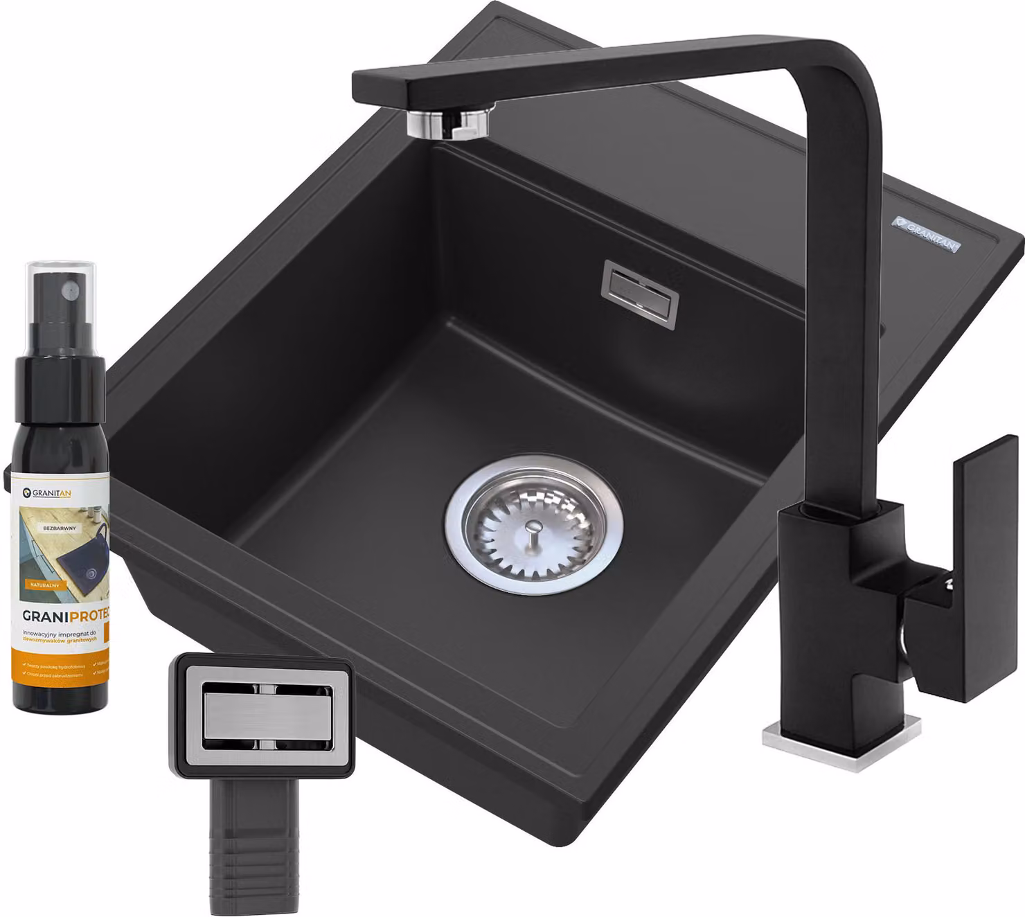 Granitan - Lavello in granito - Lavello da cucina - 50x40 cm - Nero - con rubinetteria NOOK e sifone - Lavello - ALOR