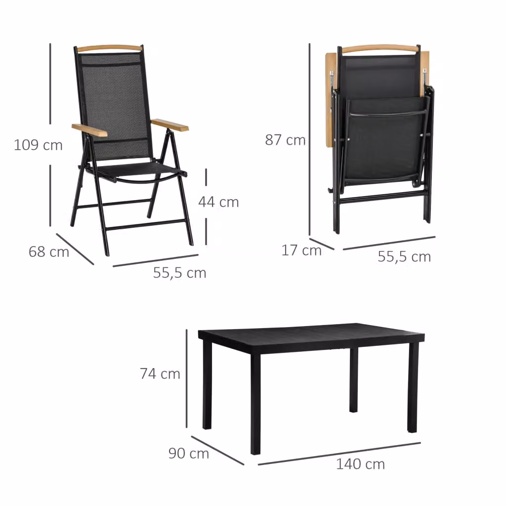 Set mobili da giardino WISHDOR moderno con tavolo rettangolare e 6 sedie pieghevoli in alluminio nero opaco – 2