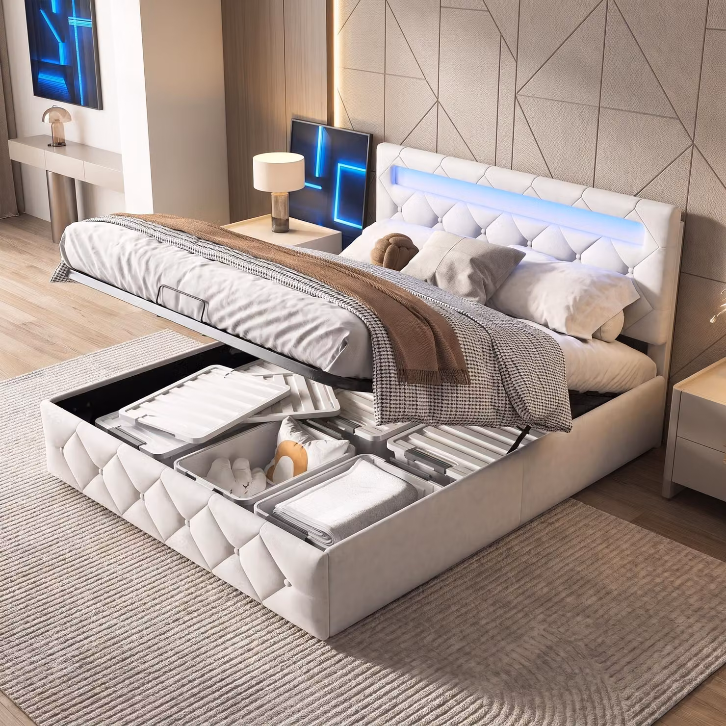 Letto imbottito INONEFT, 140 x 200 cm, con sistema idraulico e contenitore, letto matrimoniale con illuminazione LED, adatto anche per ragazzi, senza materasso, rivestito in velluto, colore pesca