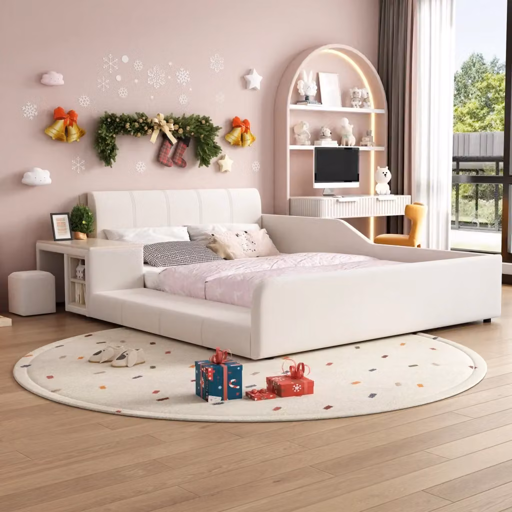 Letto per bambini in velluto bianco con scrivania, sgabello, ripiano e testiera morbida, L/P: 140 x 200 cm – 2