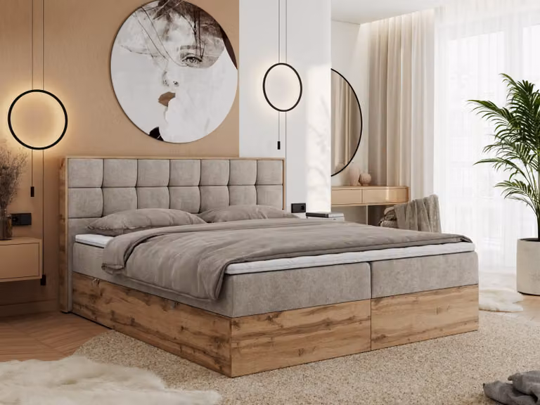 MKS MEBLE Letto boxspring 140x200 con contenitore in rovere, letto imbottito 140x200 con materasso H4, letto 140x200 con testiera, rovere Wotan - 140x200 - Struttura beige - Albero-1
