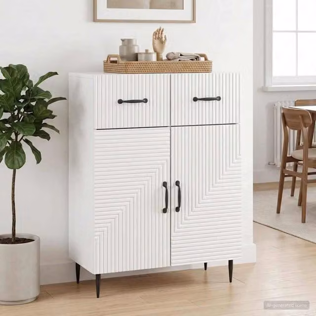 Credenza moderna vidaXL in bianco lucido con dettagli geometrici, L: 66 cm, P: 34,5 cm, H: 89,5 cm