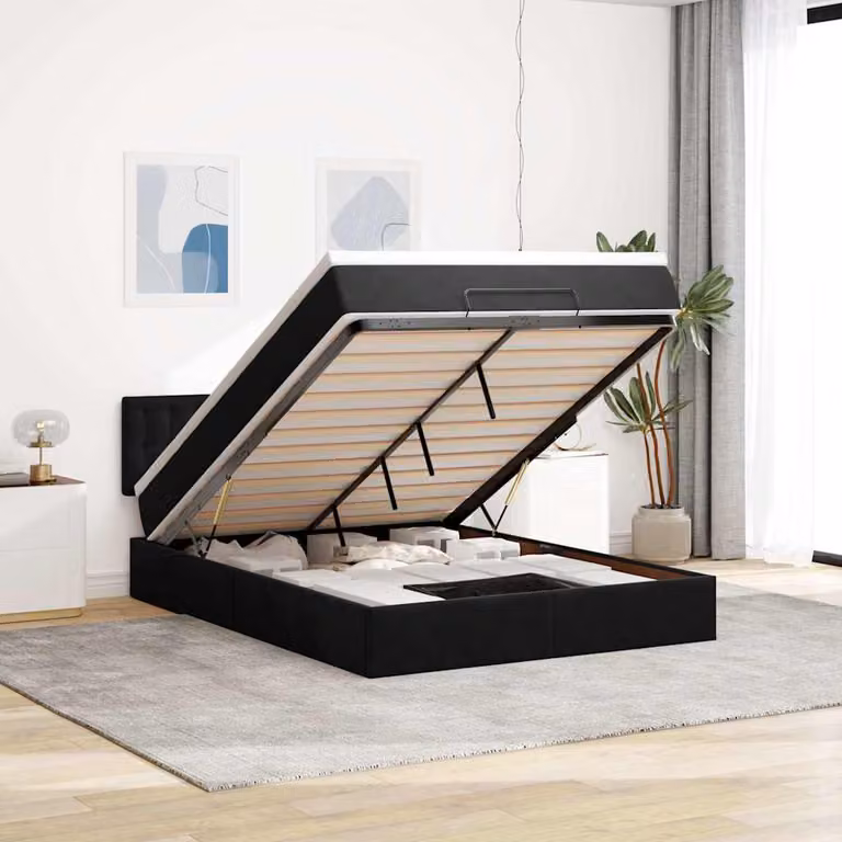 vidaXL Struttura Letto con Contenitore e Materasso in Velluto Nero, L: 140 cm, P: 200 cm, H: 88 cm