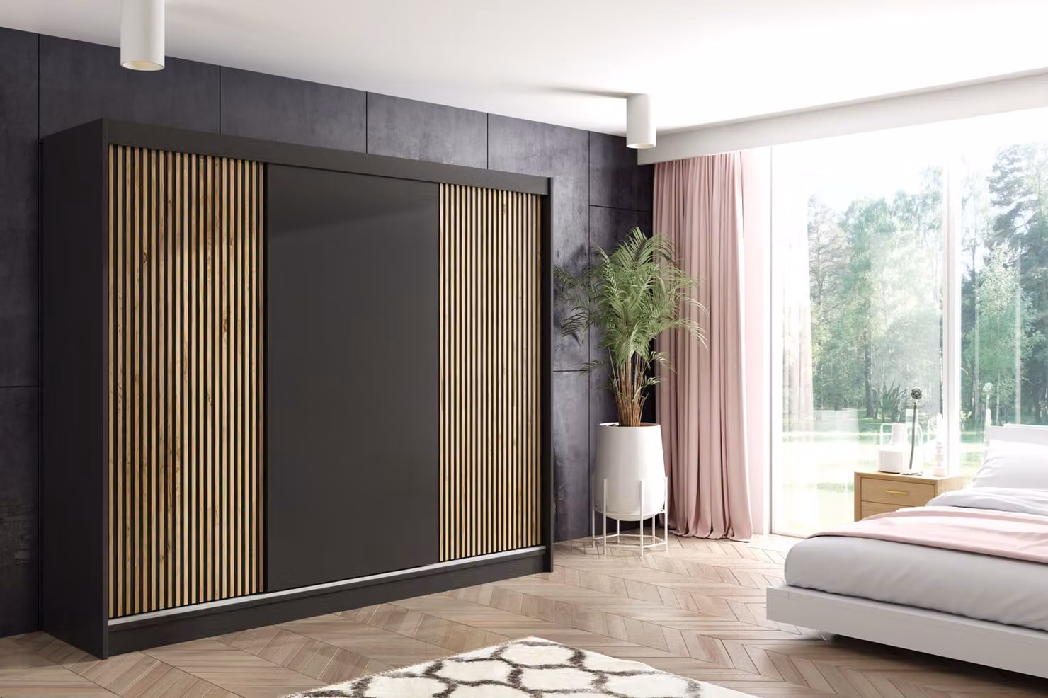 Armadio ALTDECOR con ante scorrevoli a lamelle, guide su cuscinetti a sfera e listelli in alluminio - VILO - 250 cm - Nero/Rovere Wotan a lamelle